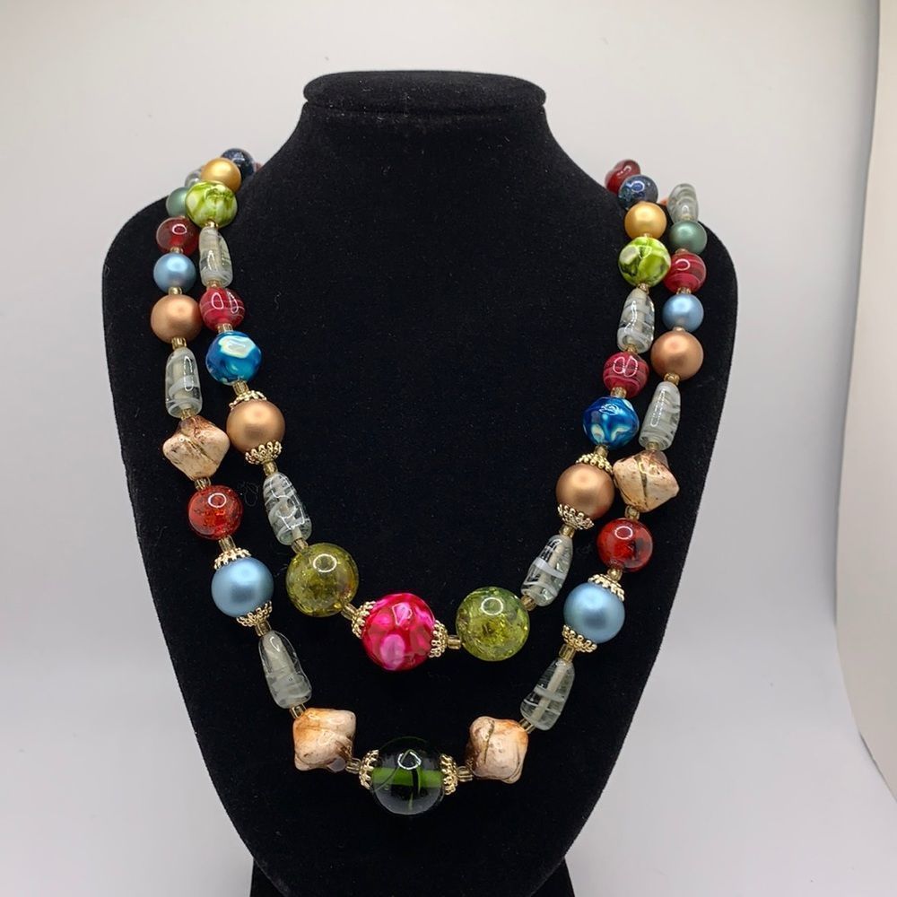 Vintage 50s to 60s Japan 2 strand multicolor necklace.